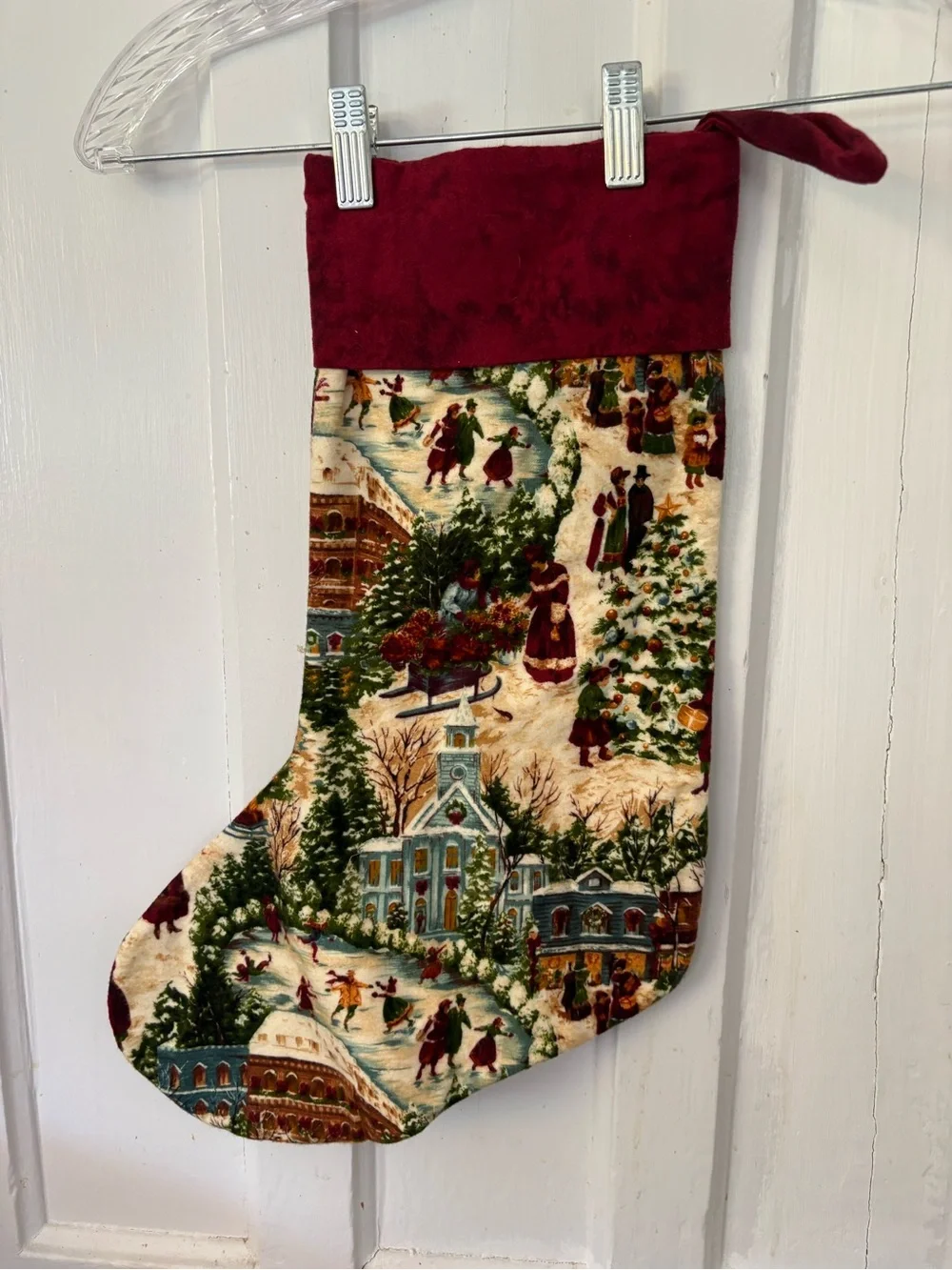 Holiday Handmade Christmas Stocking with Country Village Winter